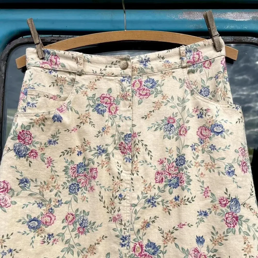 90s Coldwater Creek linen cottage rose floral skirt